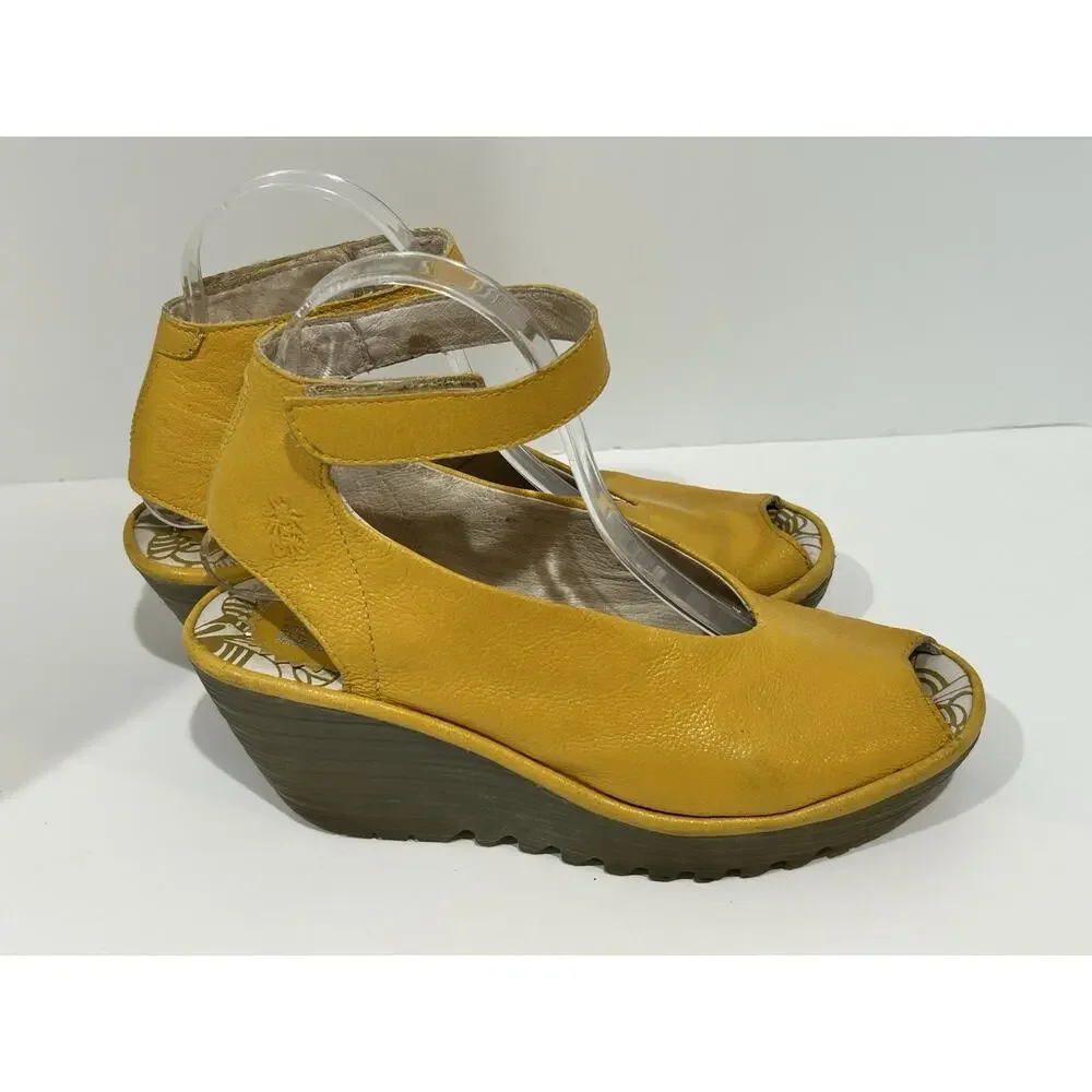 fly London leather sandal Yellow Ankle Strap Platform Size 8